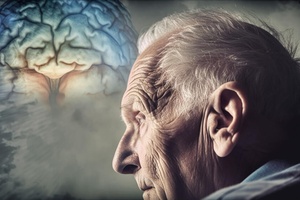 Human brain with highlighted blood vessels showing reduced blood flow in vascular dementia