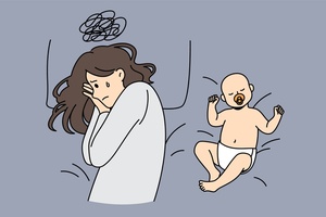 illustration Mother feeling overwhelmed after childbirth, showing emotional struggles of postpartum depression  Title: