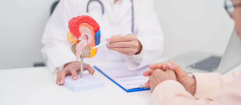 Psychiatrist discussing personalized dementia treatment plan with patient and family
