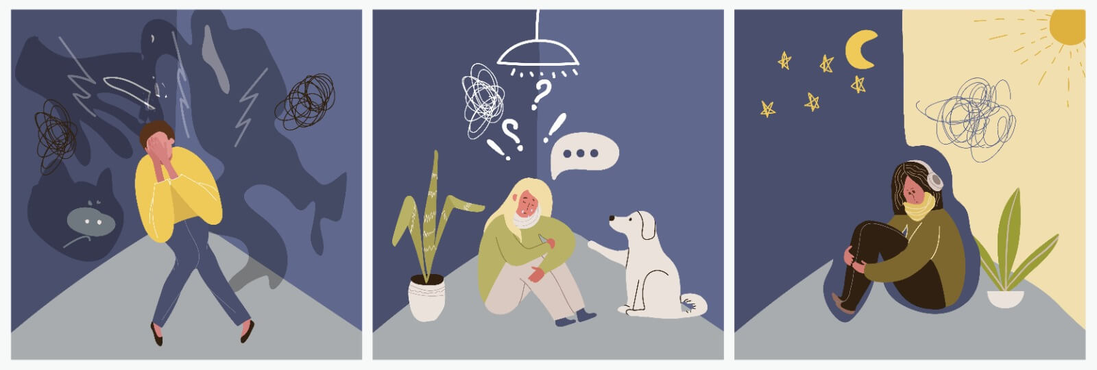 illustrations showing untreated chronic depression leading to anxiety isolation and health problems