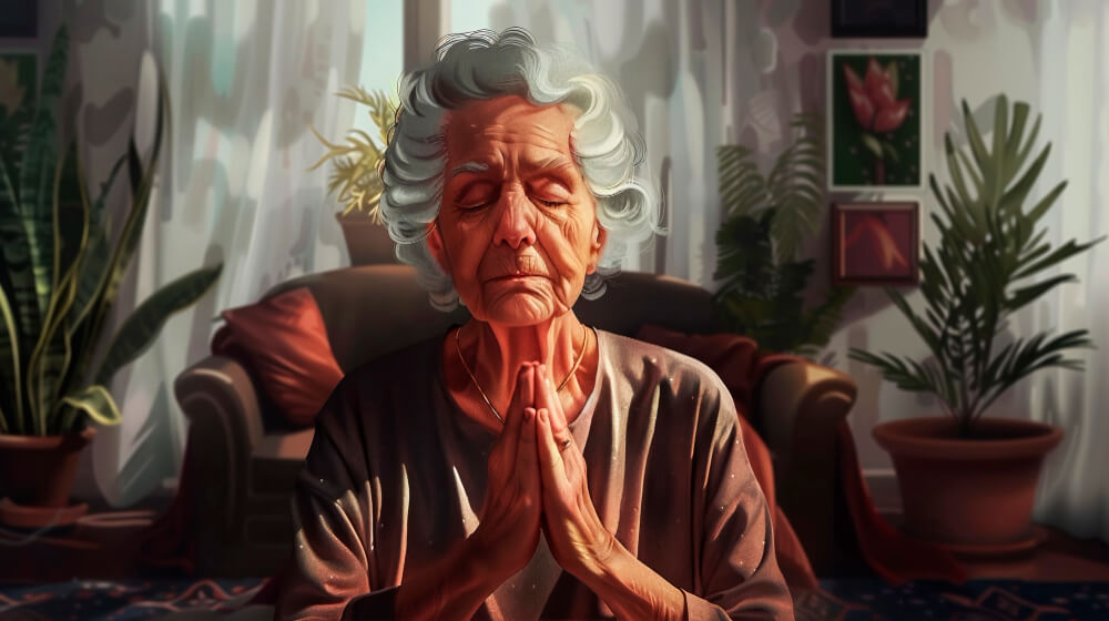 illustration Senior lady looking down and withdrawn, showing signs of depression and low mood in aging