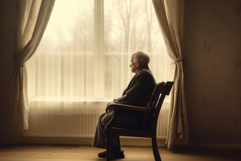 Older woman sitting alone at home, symbolizing loneliness and social isolation in elderly depression