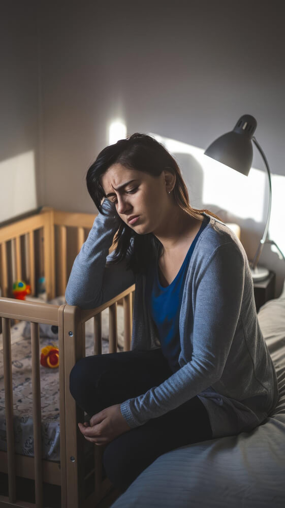 Distressed mother showing severe postpartum depression symptoms requiring urgent care