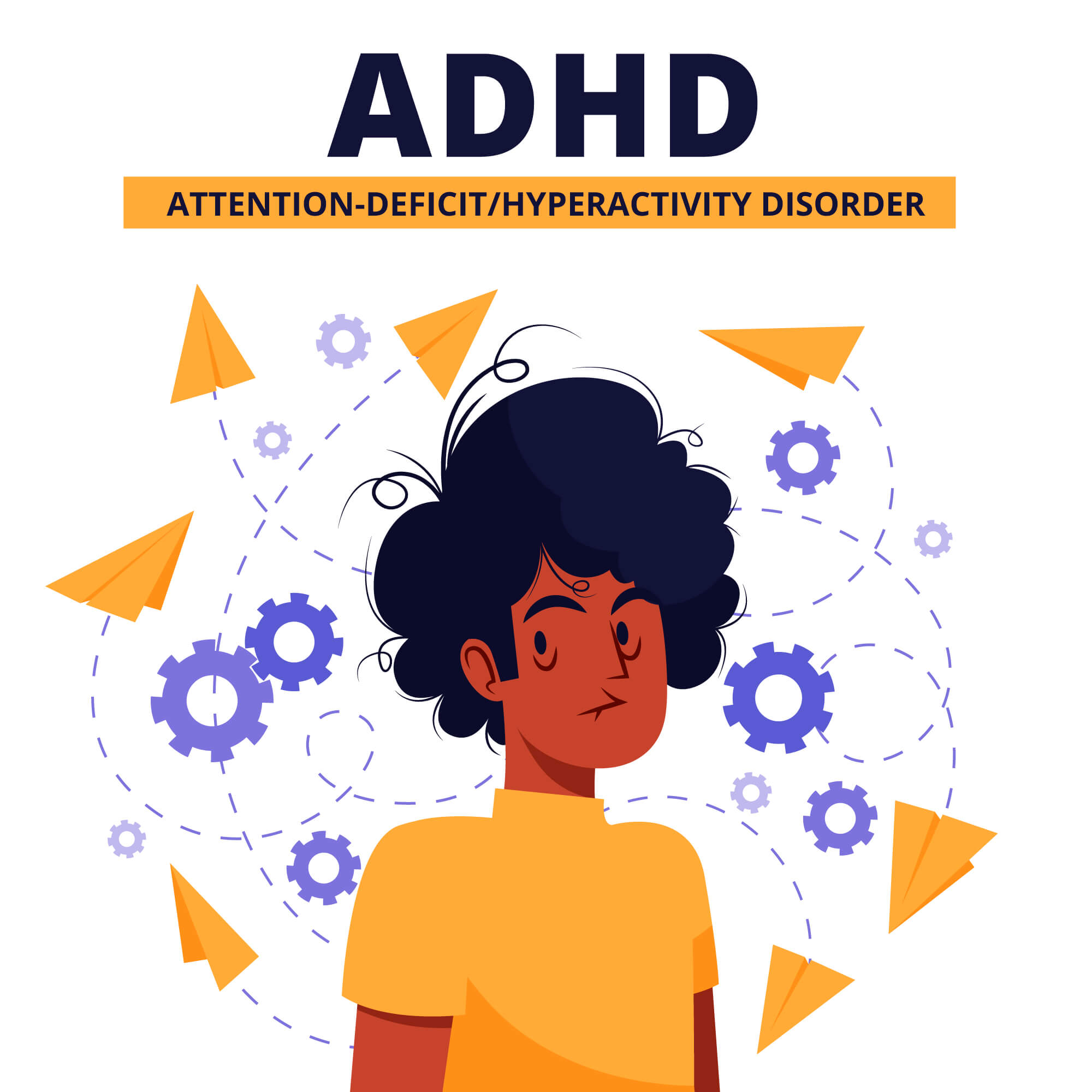Illustration showing brain activity and attention challenges in inattentive ADHD