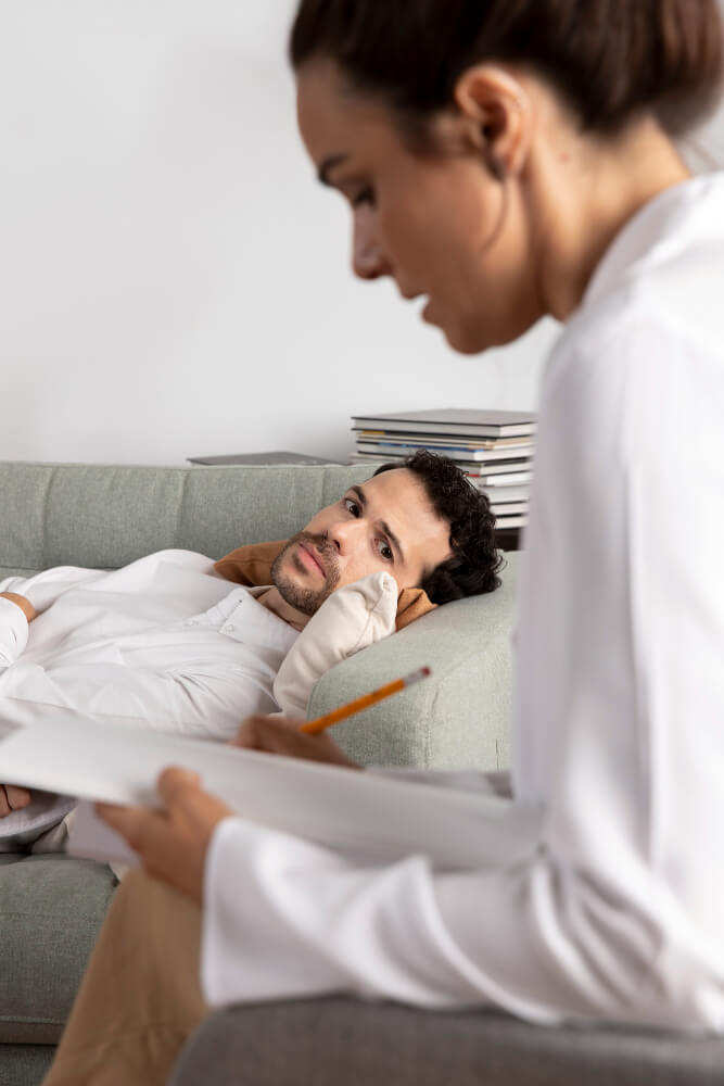 Psychologist conducting mental health evaluation and mood assessment with patient