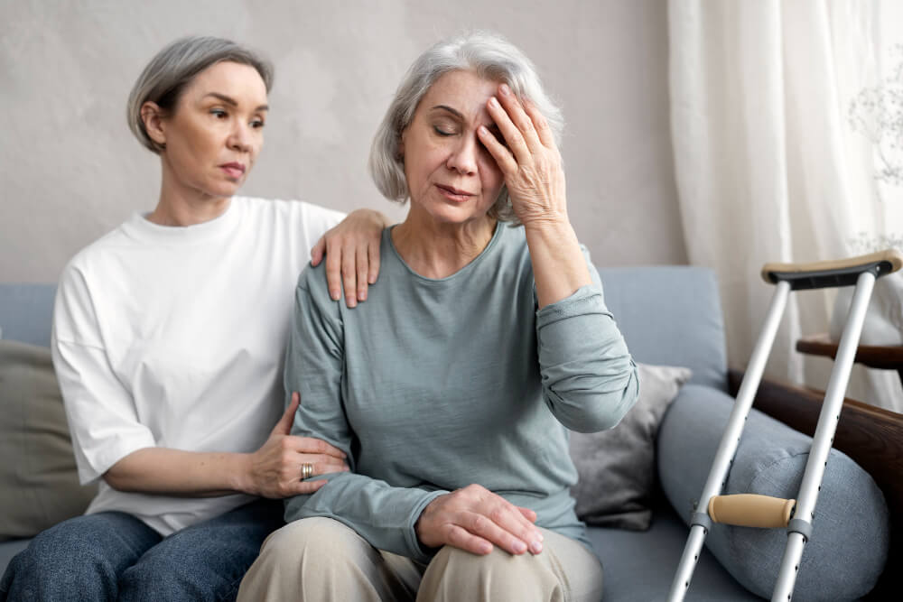 caregiver supporting elderly woman with dementia at home