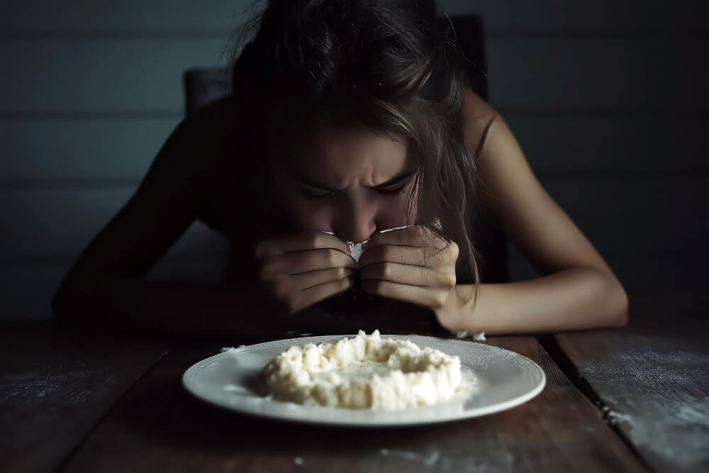 Person experiencing loss of control while eating, symbolizing binge eating behavior in bulimia
