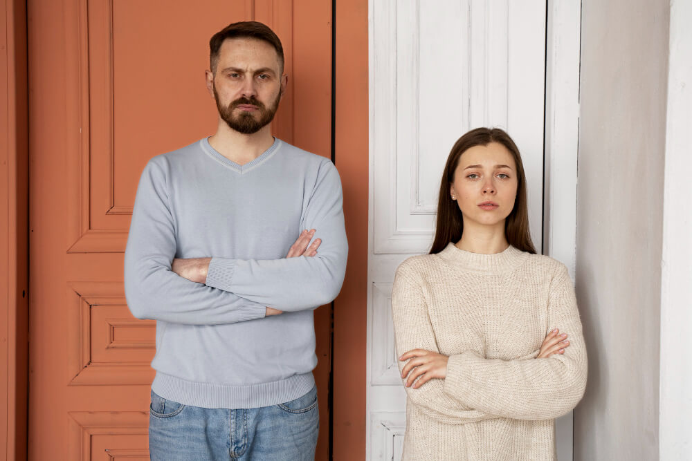 Man showing mood changes including irritability, high energy, and fatigue while woman is depressed in bipolar disorder