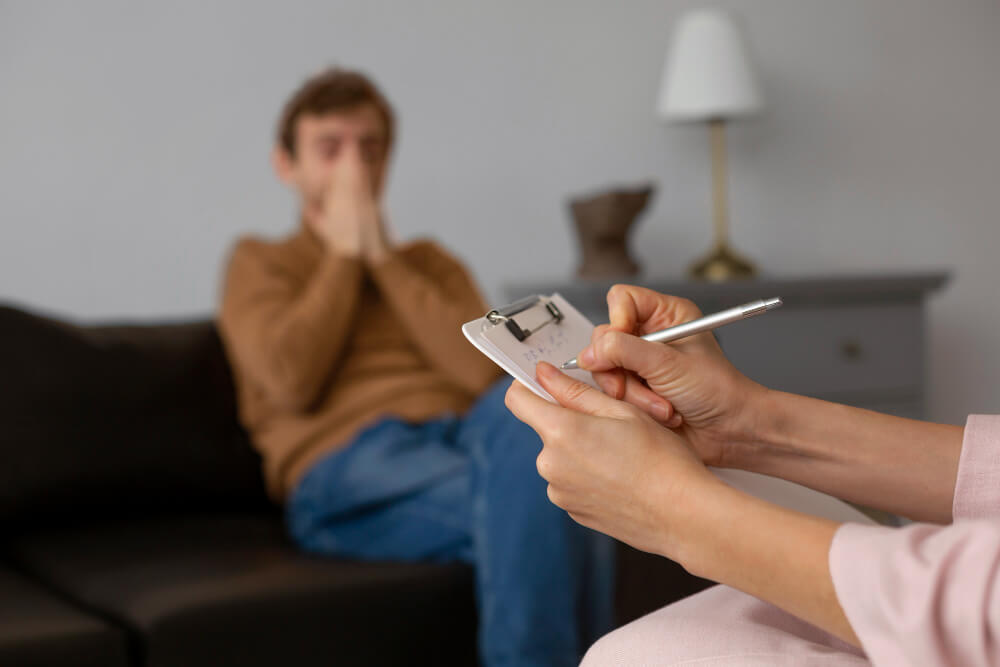 Psychiatrist evaluating mood patterns in a male with bipoalr