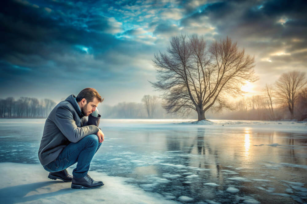 illustration of a  person erson experiencing fatigue, oversleeping, and low energy as physical symptoms of seasonal affective disorder.