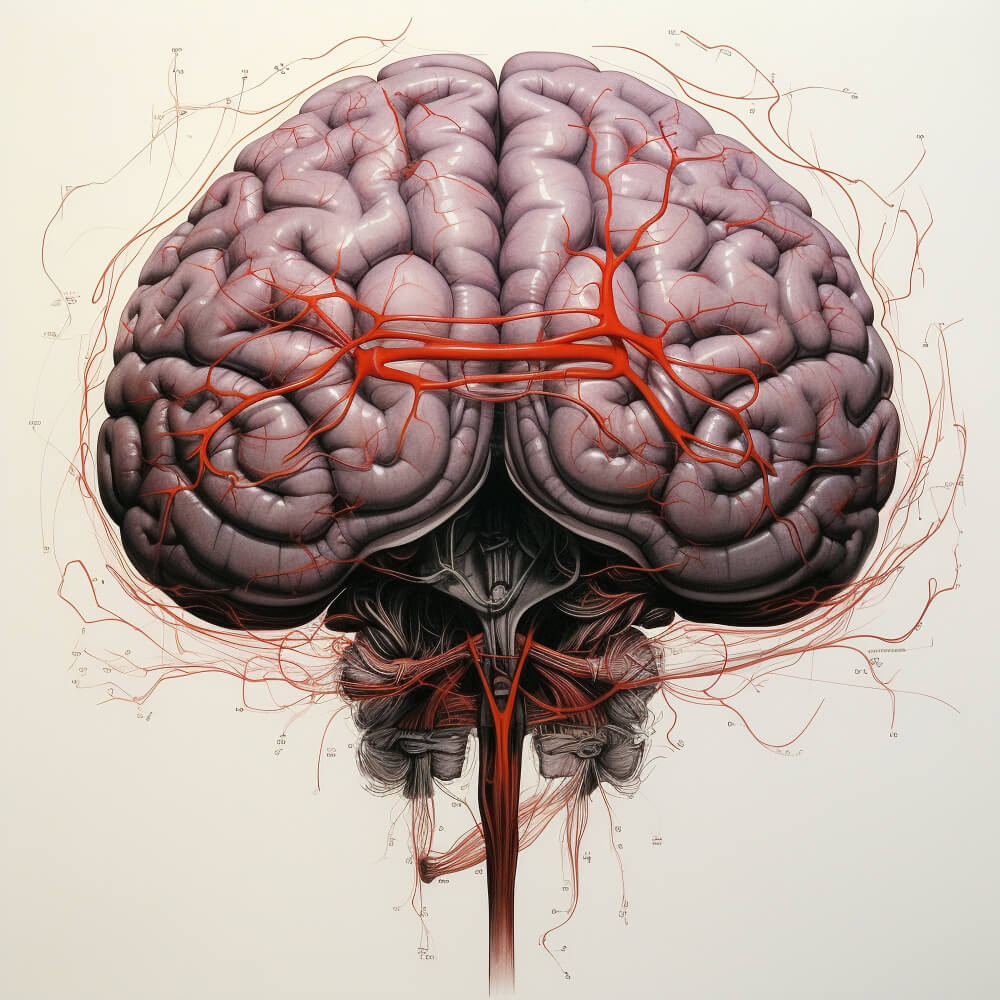 Human brain with highlighted blood vessels showing reduced blood flow in vascular dementia