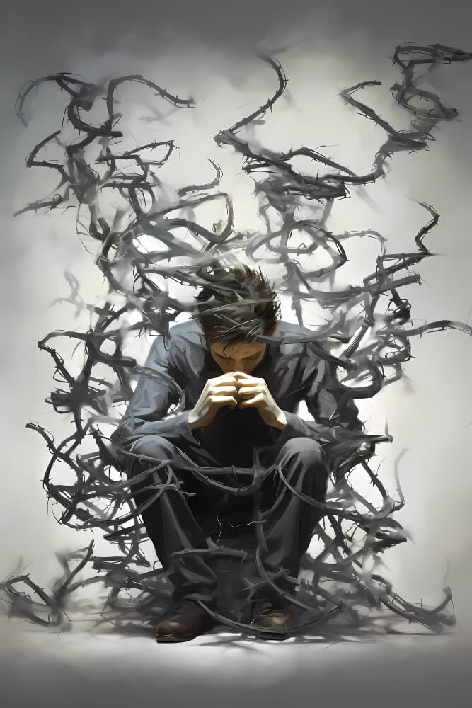 illustration of Depiction of intrusive thoughts and flashbacks affecting a person suffering from PTSD.  7