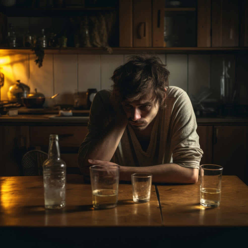 Men showing poor detoriating health Depiction of social isolation, relationship conflicts, and emotional withdrawal caused by alcohol addiction.