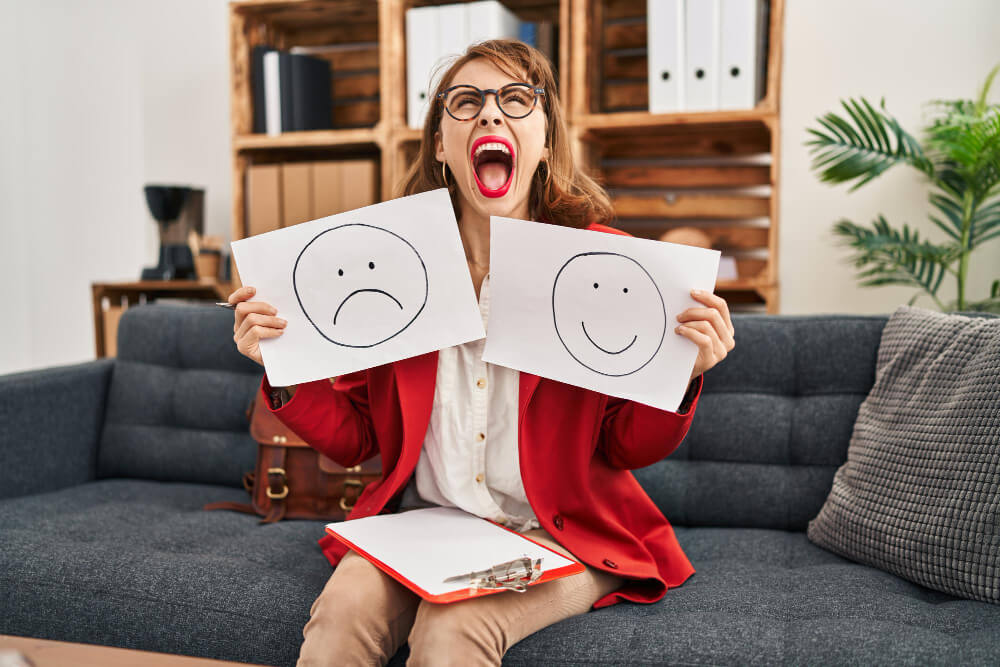 : Young adult showing elevated mood, increased energy, and rapid thoughts