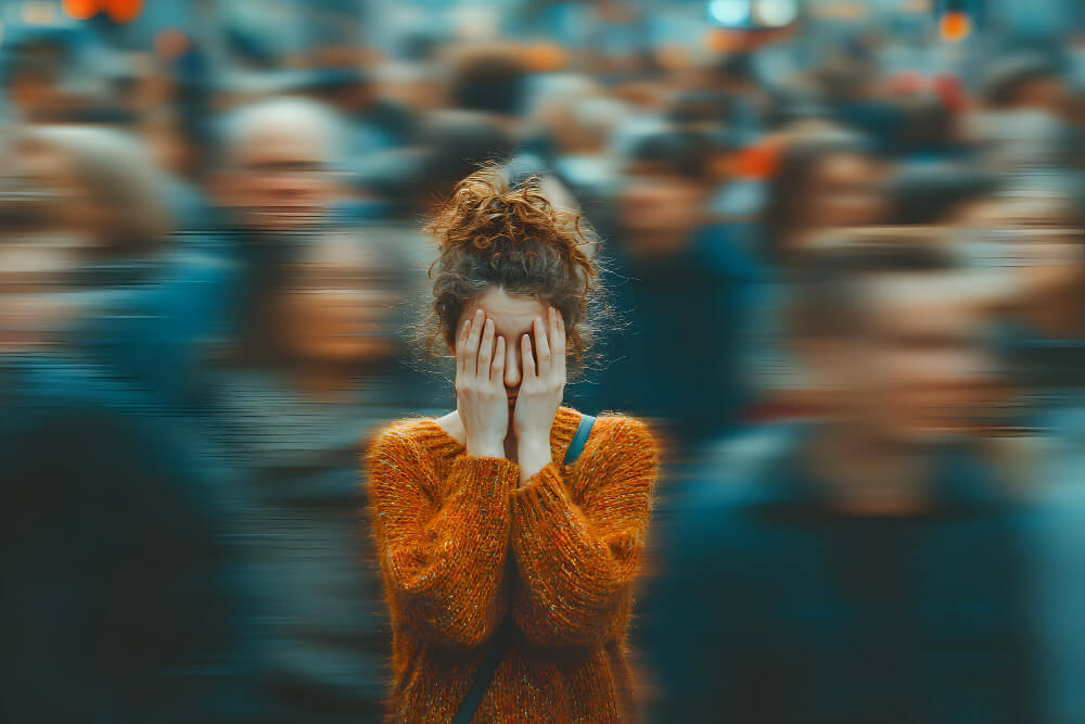Woman experiencing panic attack symptoms while standing in a public transportation station