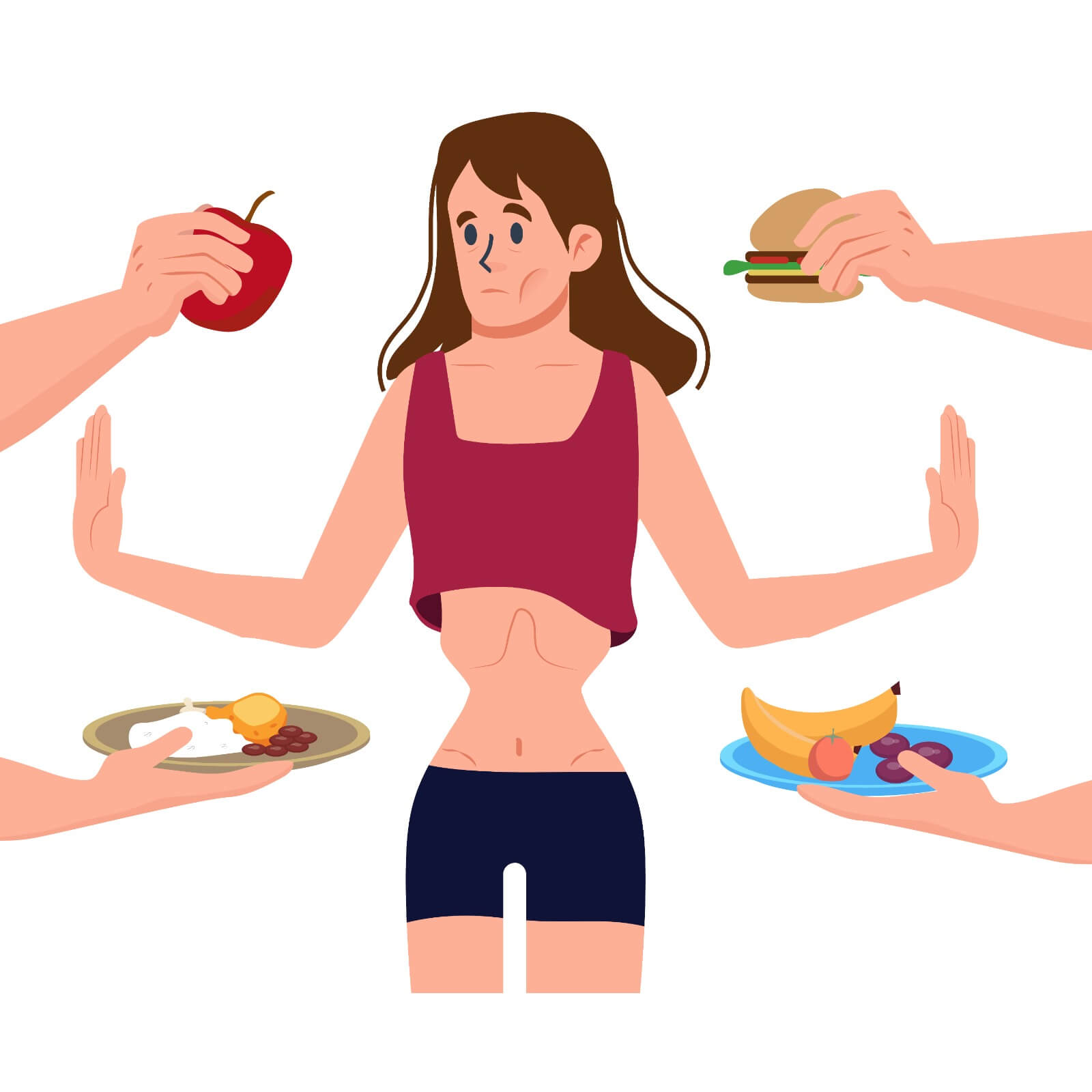 depiction of Individual refusing a meal and pushing away food due to restrictive eating disorder symptoms.