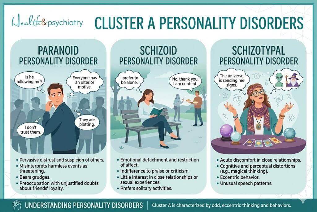 infographics about types of Cluster A personality disorder.  includes three specific personality disorders:  Paranoid Personality Disorder, Schizoid Personality Disorder, Schizotypal Personality Disorder