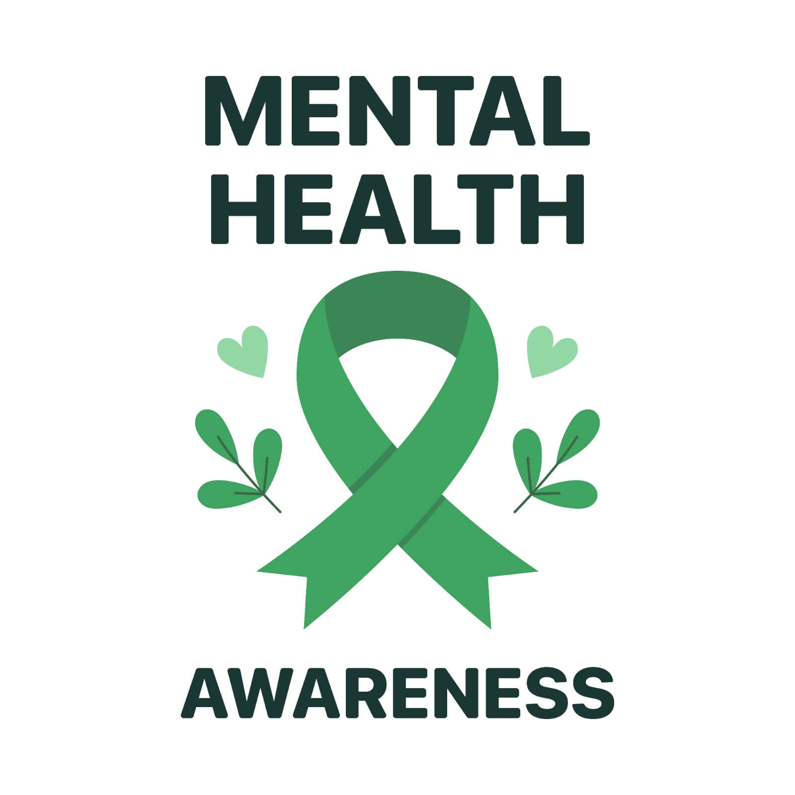 Green mental health awareness ribbon placed beside supportive words about emotional wellness and recovery.