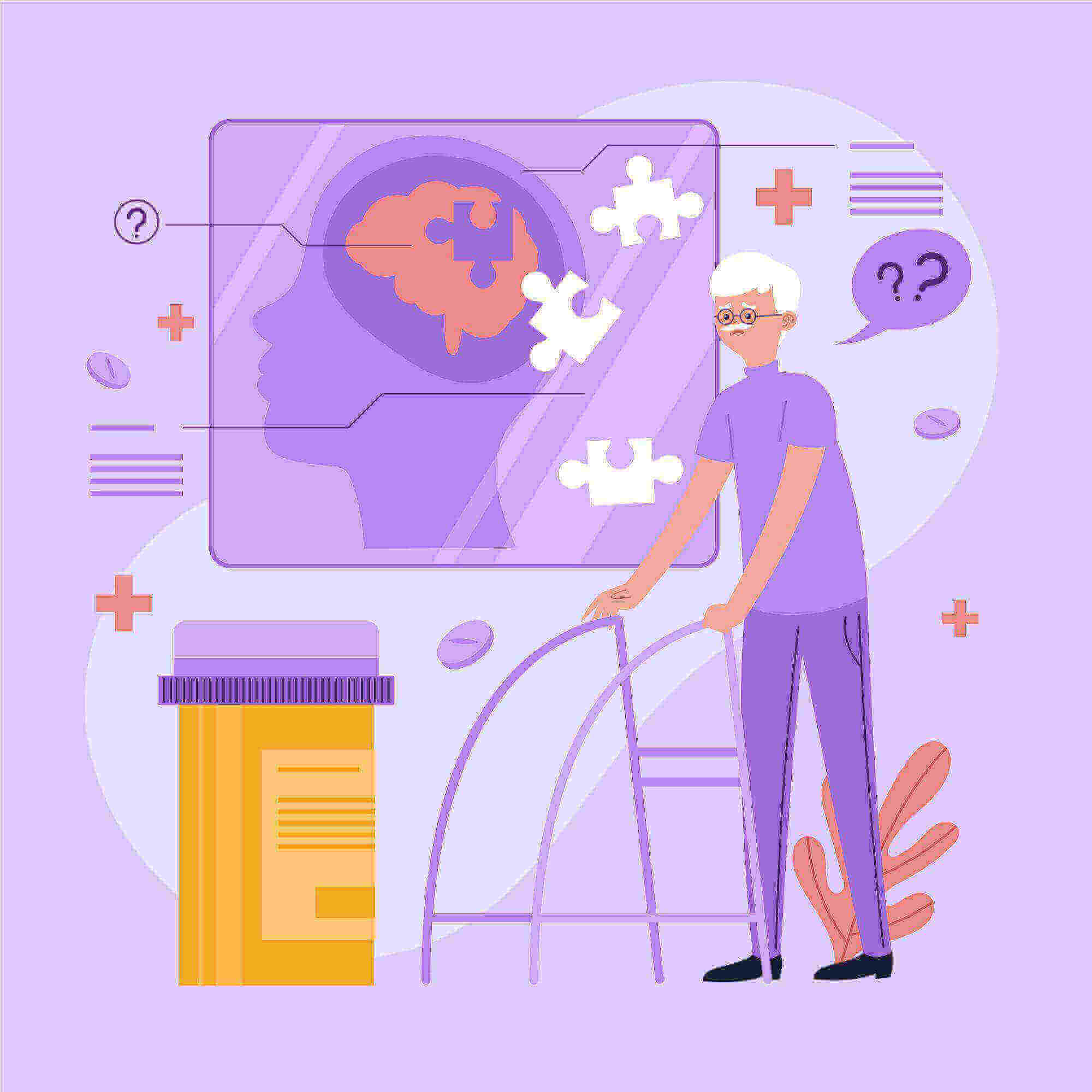 Illustration about how frontotemporal dementia affects memory and human body and behaviour