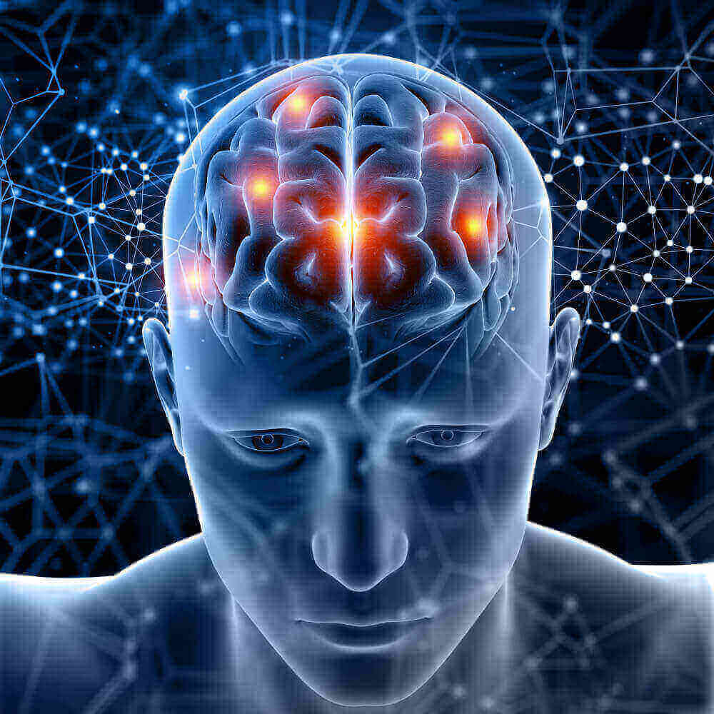 Illustration showing progressive brain cell damage and neuron loss in frontotemporal dementia